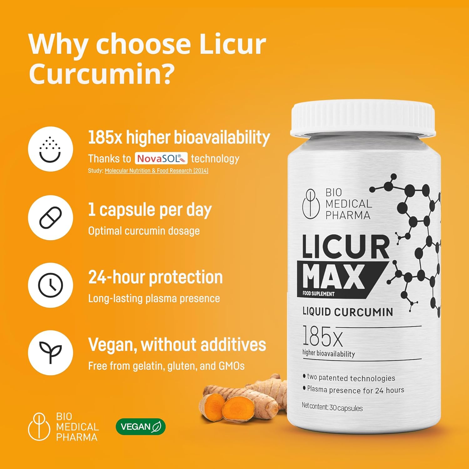 Turmeric Curcumin Capsules – 185x Higher Bioavailability – NovaSOL Liquid Curcumin - Image 2